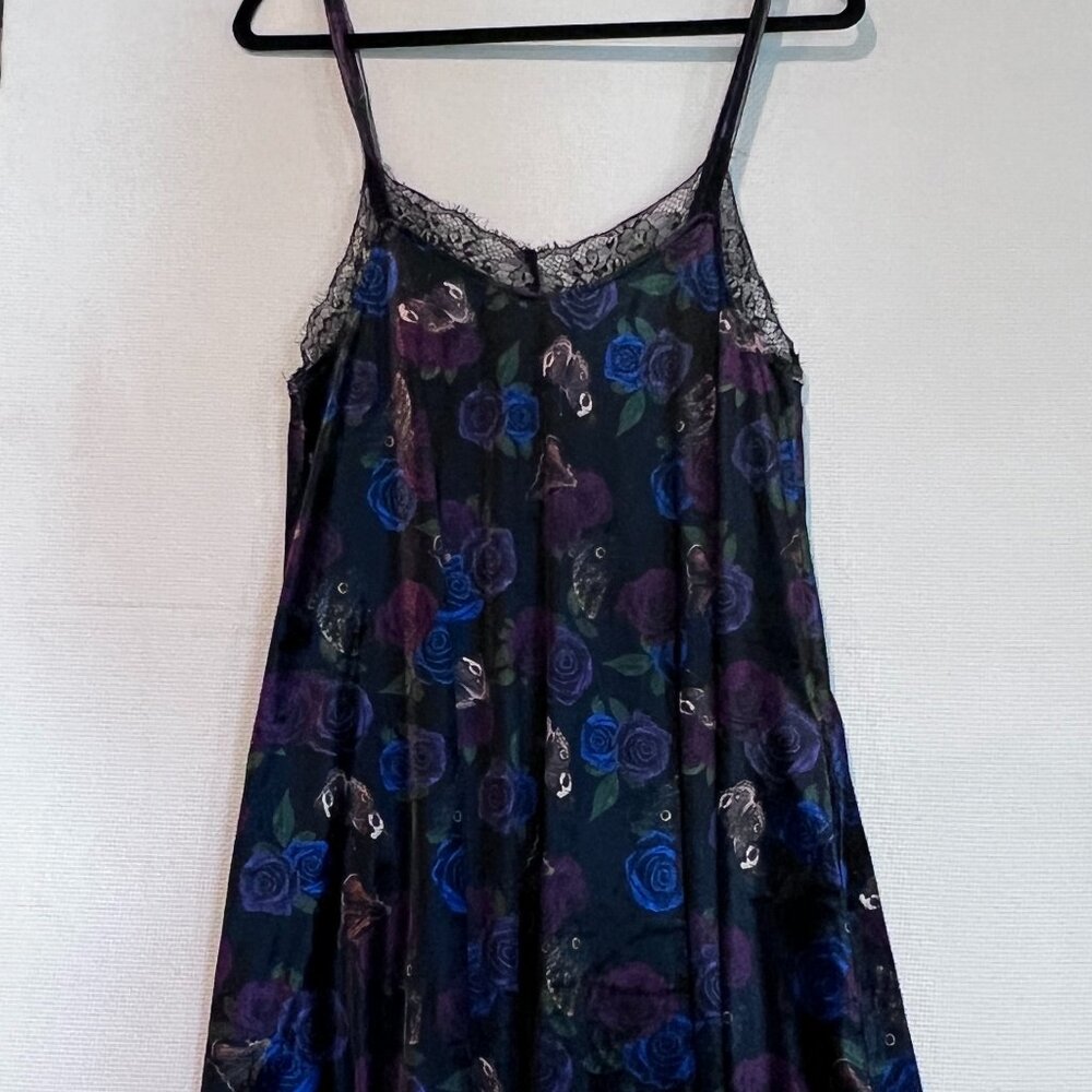Hot Topic XS Velvet Slip Dress Dark Floral Butterfly Lace Trim Adjustable Straps